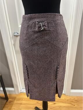 Wool Blend Pencil Skirt with Front Slits and Decorative Buckle